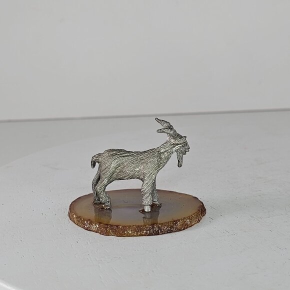 Miniature Pewter Billy Goat Figurine On Agate Base - Picture 3 of 8